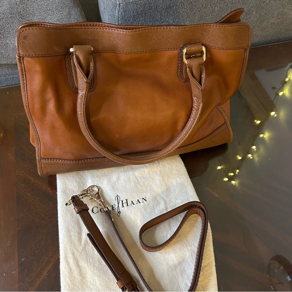 Cole Haan | Vintage Valise Kendra E/W Tote Brown Leather Vibrant Orange Lining - Picture 11 of 16